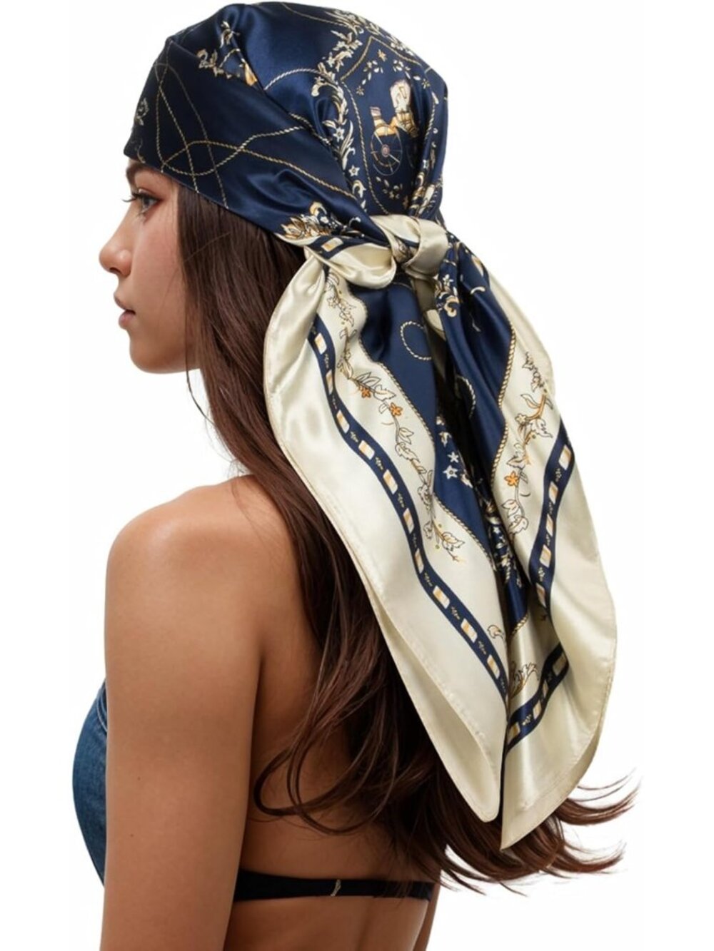 Women's Navy Beige Printed Square Scarf Bandanas Hair Scarf 35 Inches